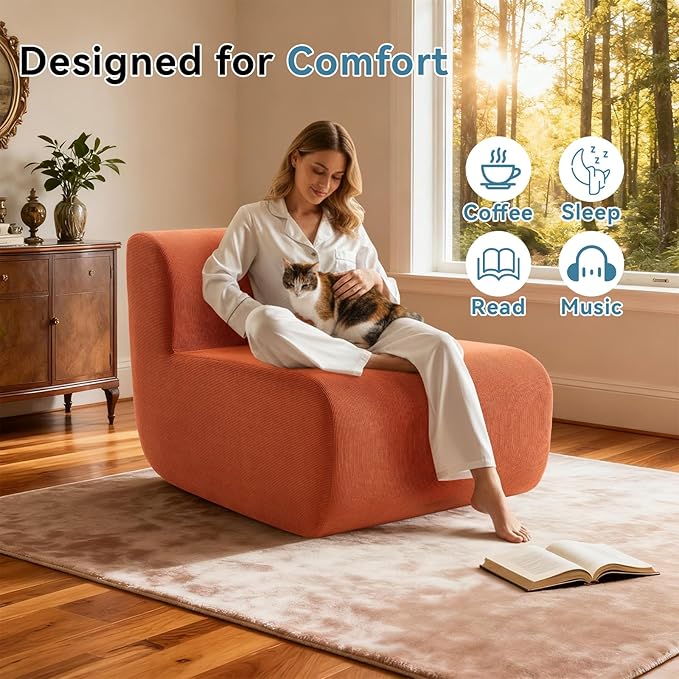 Single Boneless Chairs,Fireside Beanbag Chair Upholstered Cloud Sofa Chair,Corduroy Floor Couch Boneless Couch for Living Room,Memory Foam Lounge Chair for Bedroom,Orange