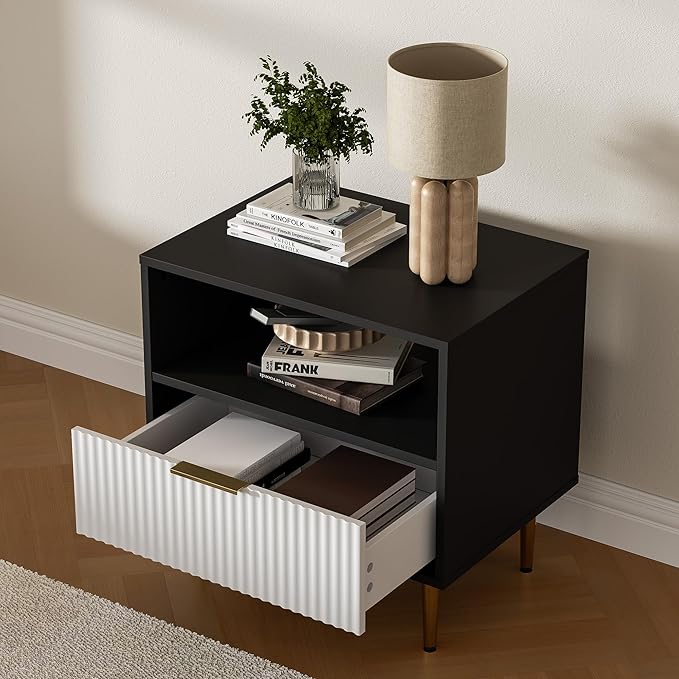 Nightstand Set of 2, Modern Nightstand with Drawer, End Table with Storage, Bed Side Table with Open Space, Night Stande for Bedroom, Side Table for Bedroom, Living Room, Black & White