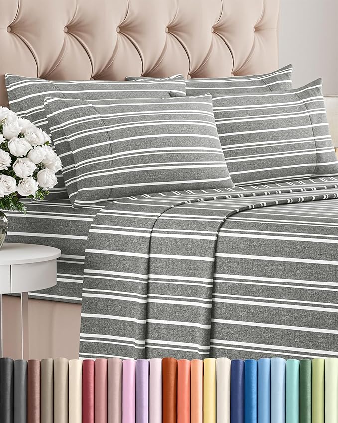 Queen 6 Piece Sheet Set - Cooling, Comfy & Breathable - Hotel Luxury Bedding, Includes Fitted Sheet for Women, Men, Kids & Teens - 1 Flat, 1 Fitted Sheet, 4 Pillowcases w/Deep Pockets - Grey Stripes