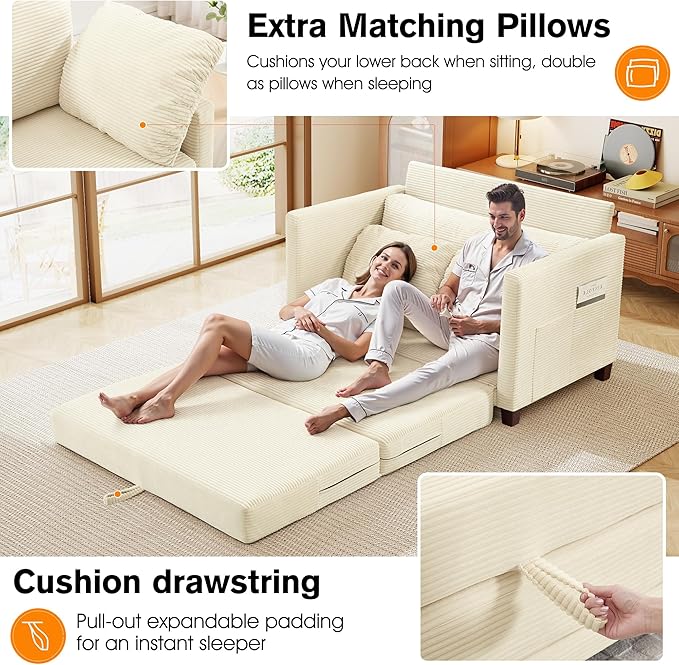 51" Loveseat Sleeper Sofa Bed, Corduroy Convertible Floor Sofa Bed for Small Spaces, Folding Couch Bed with Deep Seat, 2 Pillows & Solid Frame, Pull Out Floor Couch for Living Room, Beige