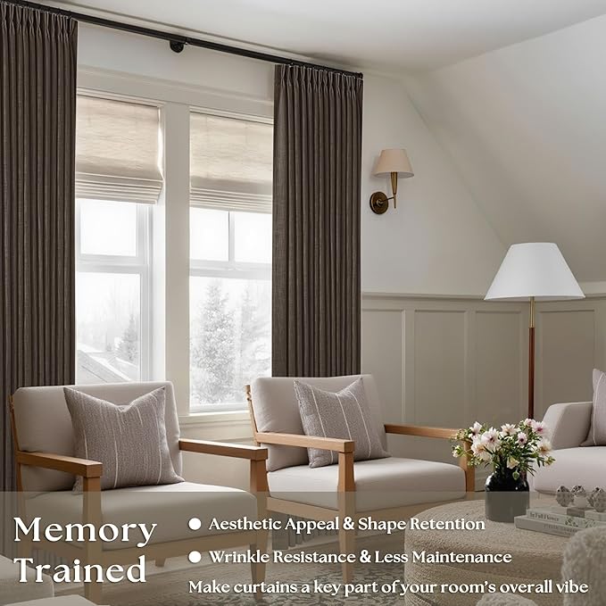 Dark Chocolate Pinch Pleated Linen Curtains 2 Panels for Living Room Bedroom Memory Training Shaped Semi Sheer Pleat Drapes with Hooks Rings Light Filtering Window Curtain 40x84