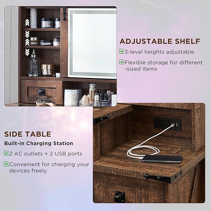 T4TREAM 48'' Farmhouse Makeup Vanity Desk with Sliding HD Mirror and Lights, Big Modern Lighted Vanity Table with 7 Drawers & Shelves, Rustic Large Dressing Table for Bedroom, Reclaimed Barnwood