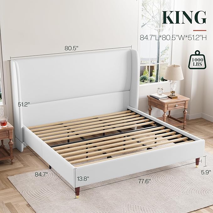 Jocisland King Upholstered Platform Bed Frame with 51.2" Tall Wingback Headboard–Solid Wood Legs, No Box Spring Needed, White Linen–Modern Style for Any Bedroom