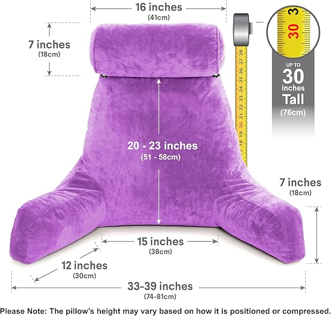 Husband Pillow XXL – Reading Pillow Bed Chair with Arms & Back Support – Light Purple - Back Pillow for Beds Sitting Up – Bed Rest Arm Pillow – Comfy Reading Pillow for Adults