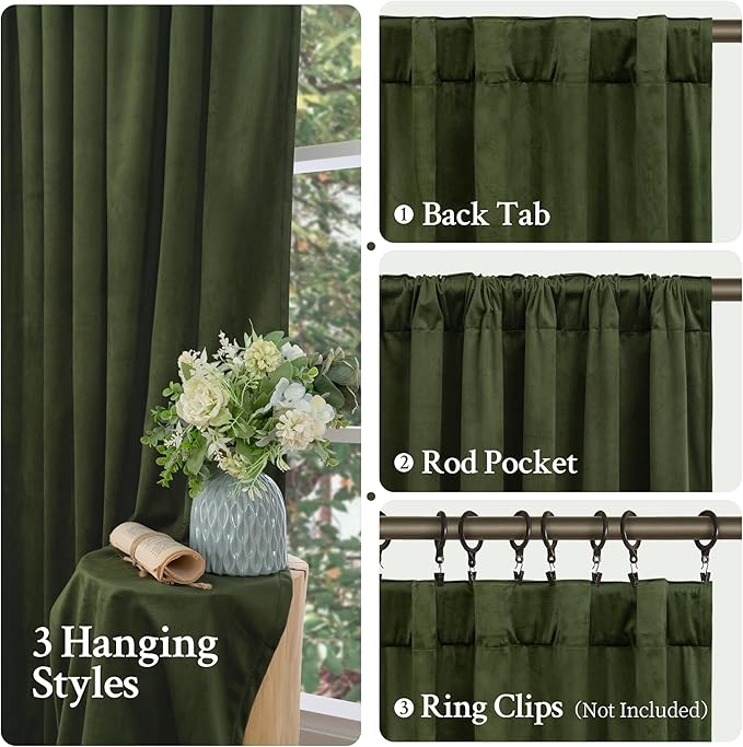 LAMIT Olive Green Velvet Curtains 84 Inch for Living Room, Luxury Thermal Insulated Blackout Curtains Room Darkening Back Tab and Rod Pocket Window Drapes for Bedroom, 2 Panels, 52 x 84 Inch