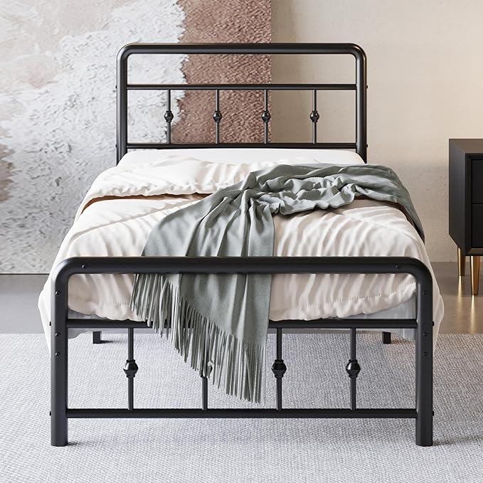 12 Inch Twin XL Bed Frames with Victorian Vintage Headboard and Footboard, No Box Spring Needed, Heavy Duty Metal Mattress Foundation, Noise Free, Easy Assembly, Black