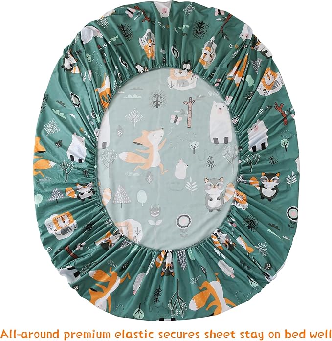 JSD Green Forest Animals Kids Sheet Set Twin Size, 3 Piece Woodland Printed Microfiber Bed Sheets Deep Pocket