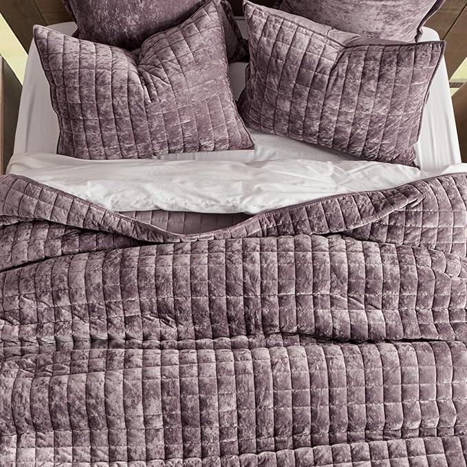 RECYCO Luxury Velvet Quilt Set Full Queen Size Bedding Sets, Ultra Soft Velvet Comforter Set, Lightweight Channel Box Stitch Oversized Bedspread Coverlet for All Season, with 2 Shams, Purple