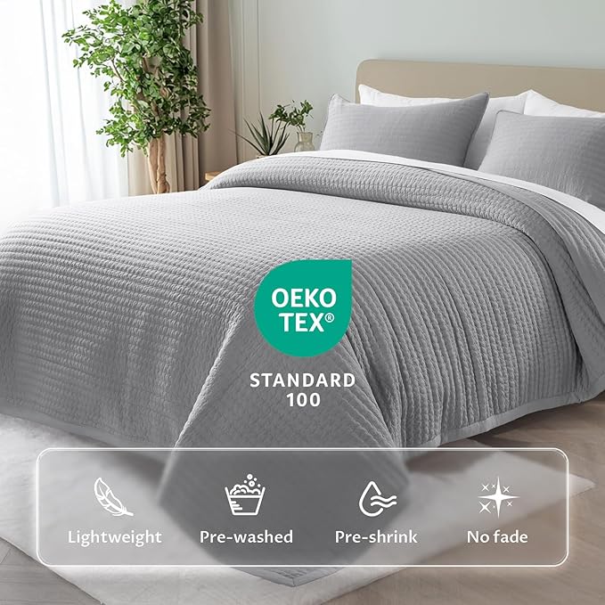 Oversized King Quilt Set 112"x106" – Soft Washed 3-Layer Lightweight California King Bedspread, Minimalist Nordic Design, All-Season Spring & Summer Quilt Set (1 Quilt + 2 Pillow Shams), Solid Grey