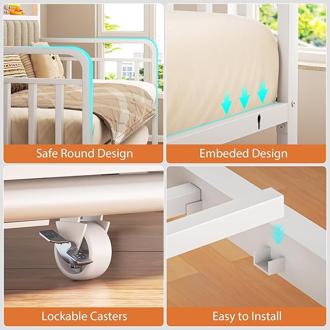 Daybed with Trundle and LED Light, Heavy Duty Metal Full Bed Frame with Upholstered Storage Headboard & Charging Station, Day Bed Pop Up Trundle Bed for Living Room,Bedroom and Guest Room, White