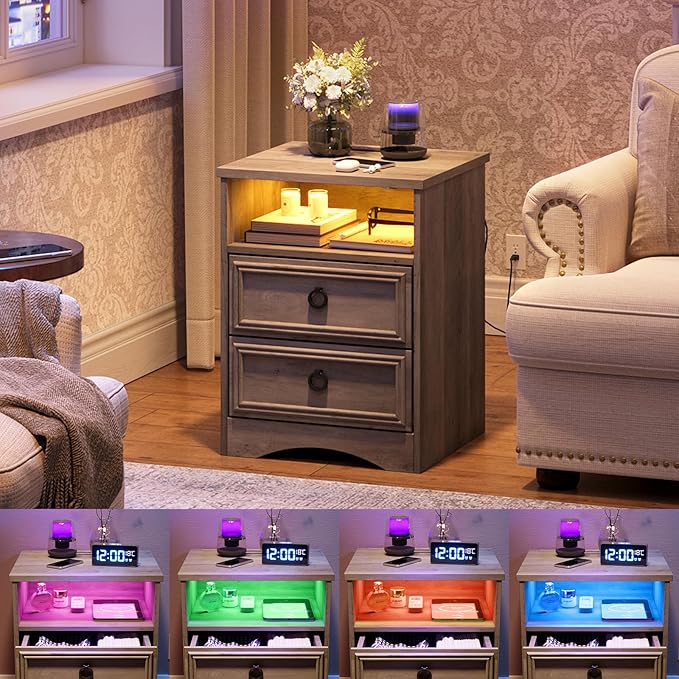 Large Nightstand Set of 2 with Drawers,17.7"W Accent Night Stand with Charger Station LED Lights, Bed Side Table with 2 Drawers, End Table with Easy Open Storage for Bedroom, Living Room,Gray
