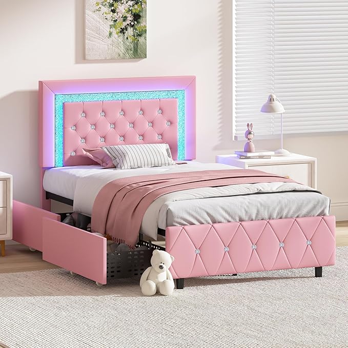 BarnFurin Twin Bed Frame with LED Lights and Storage Drawers, Upholstered Platform Bed with Diamond Headboard, Faux Leather Princess Platform Bed, No Box Spring Needed, Easy Assembly, Pink