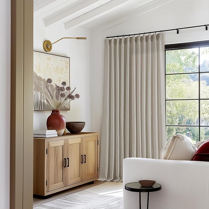 Linen Sheer Pleated Curtains 120 Inches Long 70 Inch Wide Patio Sliding Door Curtains Light Filtering Semi Sheer Pinch Pleat Drapes Burlywood Taupe Extra Wide 70x120 Drapes for Living Dining Room