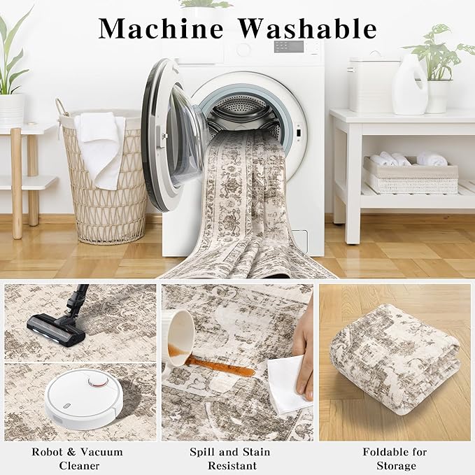 5x7 Vintage Washable Area Rugs Boho Medallion Large Distressed Retro Accent Carpet Floral Non-Slip Soft Low Pile Indoor Throw Rug for Living Room Bedroom Dining Room Office Kitchen, Taupe