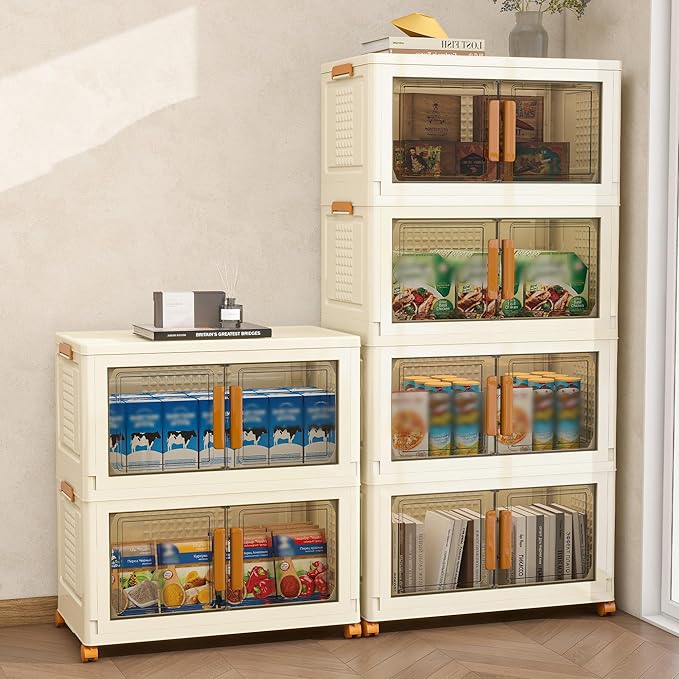 Plastic Stackable Storage Bins with Lids and Wheels, 358.4QT-89.6QT*4Tier Foldable Closet Organizers and Containers, Collapsible Clear Drawer Storage Cabinet with Doors Ivory White