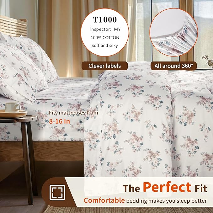 LBRO2M 1000 Thread Count Sheets 100% Egyptian Cotton Bedding Set Floral Queen Size Sheets 16 Inches Deep Pocket Bedding 4 Piece Sets (Queen, Rose)
