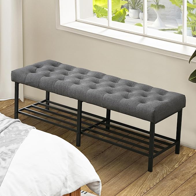 55.5" End of Bed Bench, Modern Linen Button Tufted Bedroom Bench, Upholstered Storage Shoe Bench with Metal Base, Dinning Table Bench for Living Room, Bedroom, Entryway,Grey