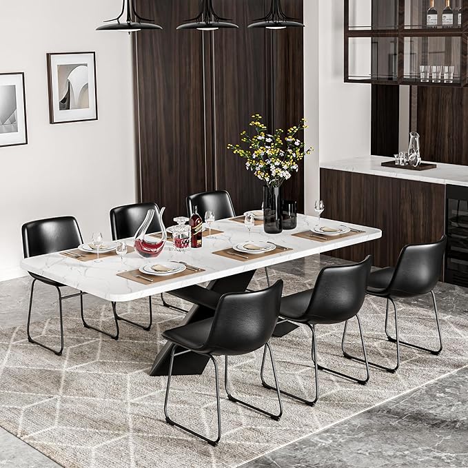 Dining Chairs Set of 8, 18 Inch Faux Leather Kitchen Dining Chairs with Back, Modern Armless Dining Room Chair with Metal Legs for Home Bistro Coffee Shops (Black)