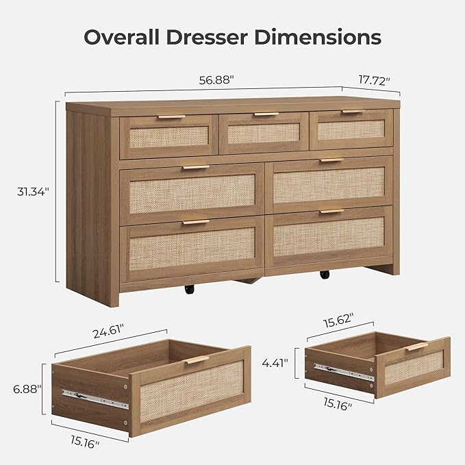 SICOTAS 7 Drawer Dressers for Bedroom Set 2, Long Rattan Dresser, Dresser TV Stand, Closet Organizer Chest of Drawers, Clothes Storage Dressers (Reclaimed Caramel Oak, 7 Drawers (2 pcs))
