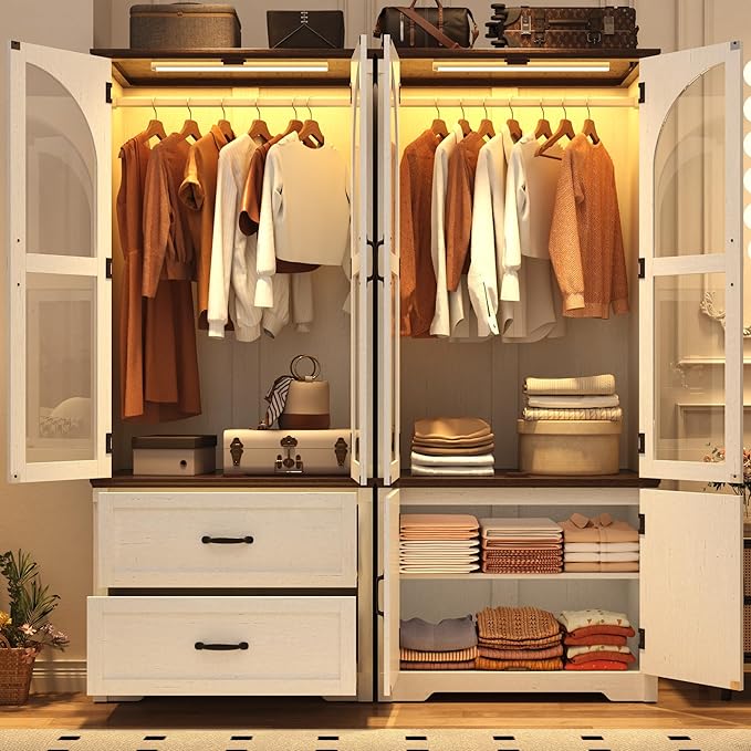 Tall Farmhouse 4 Doors Armoire Wardrobe Closet with LED ,72" Freestanding Arched Wardrobe Closet Cabinet for Bedroom w Glass Doors/Drawers,Wooden Clothing Storage Cabinet,Closets for Bedroom(Off Whit)