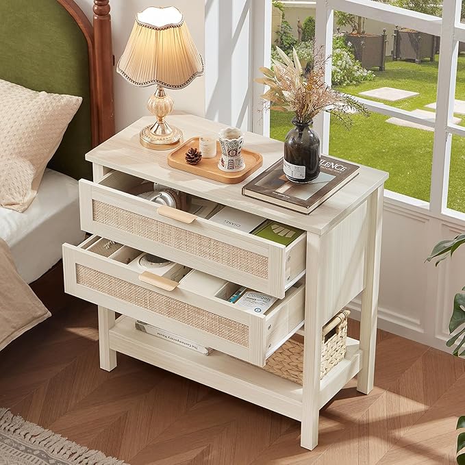 LEYAOYAO 31.5" Wide Rattan Night Stand, Oversized Large Boho Nightstand with 2 Drawer, Grey White Bed Side End Tables with Storage Shelf, Tall Bedside Table for Bedroom Living Room, Hallway