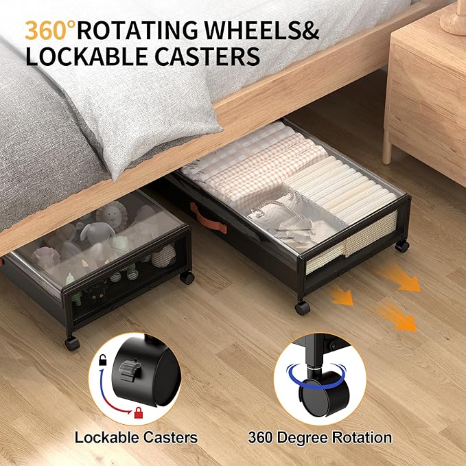 Under Bed Storage with Wheels, XXL Larger Under Bed Storage Containers with Clear Lids, 31'' Lengthen Under Bed Shoe Organizer for Shoes Clothes(Black 2 Pack, XXL(31"x16.6"x7.48"))