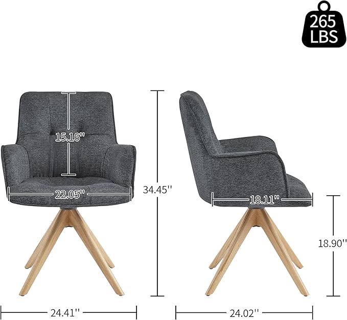 Art Leon Swivel Office Chair - Mid Century Modern Desk Chair No Wheels, Fabric Upholstered Accent Chair with Oak Wood Legs for Small Space Living Room Bedroom, Set of 2, Dark Gray