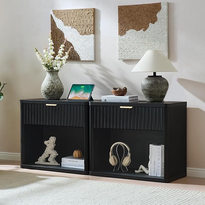 LEYAOYAO 31" Wide Fluted Nightstand with Charging Station, Oversized Extra Large 1 Drawer Night Stand with Golden Handle, Black Wood Bedside Table Tall End Tables,for Bedroom, Living Room, Hallway