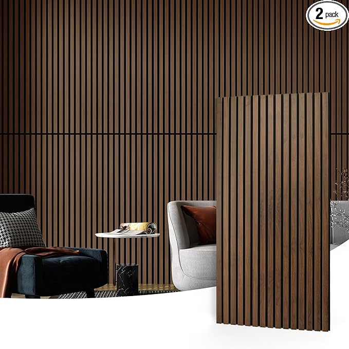 Art3d 2-Pack Acoustic Wood Slat Wall Panels for Interior Decor, 3D Fluted Sound Absorbing Wood Paneling for Accent Wall Ceiling Kitchen Living Room Bedroom Office, 47.2 x 23.6 inch Dark Walnut
