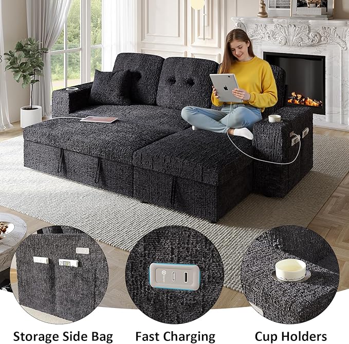 90 Inch Sleeper Sofa Bed, 4 in 1 Pull Out Couch Bed with Adjustable Backrest | Reversible Storage Chaise | Wide Armrest | Tool Free Assembly, Sectional Couches for Living Room, Navy Blue