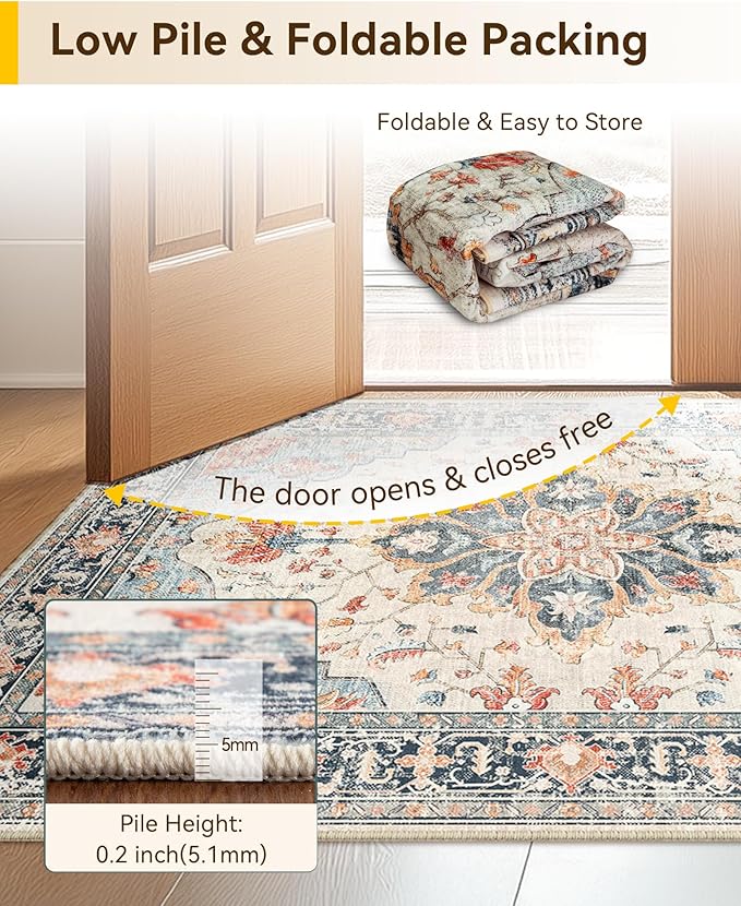 Area Rugs 2'x9' Washable Non-Slip, Floral Vintage Distress Print Pattern Medallion Carpet for Living Room Bedroom Dining Room, Beige Navy Blue Orange Colorful