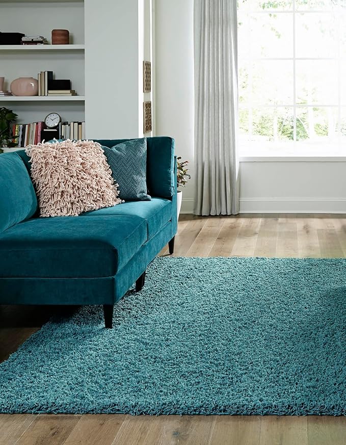 Unique Loom Solid Shag Collection Area Rug (8' Square, Deep Aqua Blue)