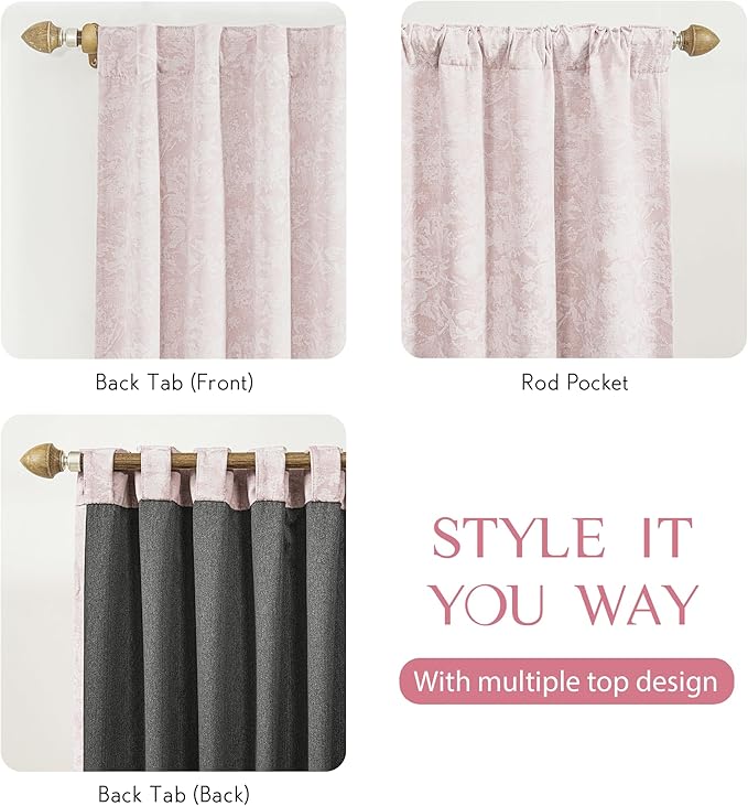 Beauoop Pink Floral Jacquard Blackout Curtains 63 Inches Long 2 Panels for Girls Bedroom Living Room Chenille Flower Room Darkening Thermal Soundproof Rod Pocket Back Tab Window Drapes, 52x63