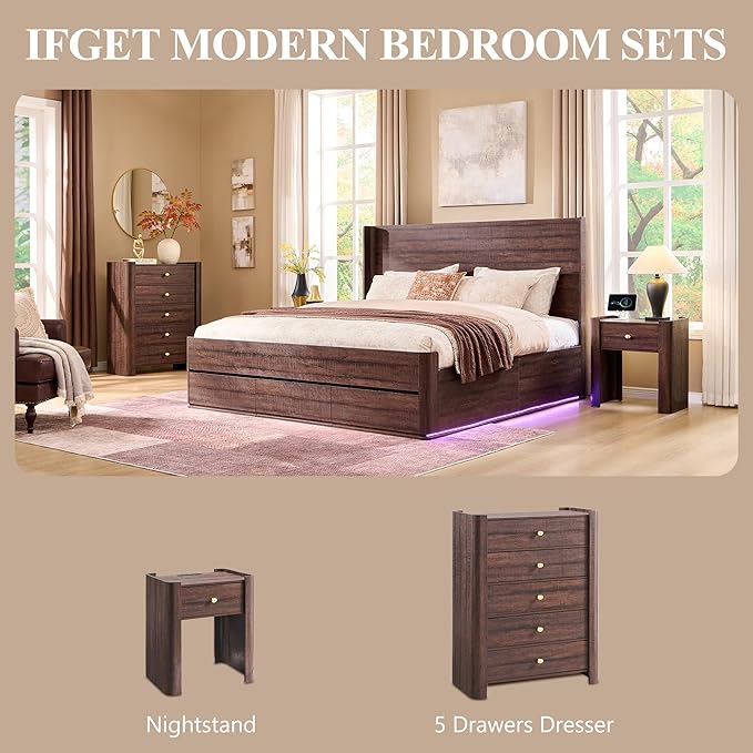 Modern 5 Drawer Dresser for Bedroom, Wooden Chest of Drawers with Curved Profile Design, 39.6" Tall Wood Dresser with Golden Metal Handle for Bedroom, Living Room, Hallway, Brown