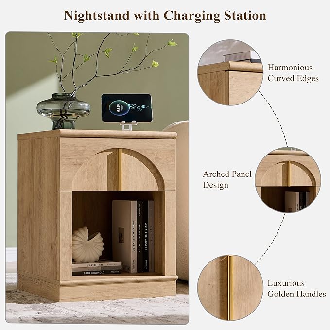 ACCOHOHO Modern Night Stand Set 2 with Arched Panel,18" Wooden nightstand with Charging Station,Bedside Table with Drawer Storage,Side End Table with Open Shelf for Bedroom,Living Room,Natural Oak