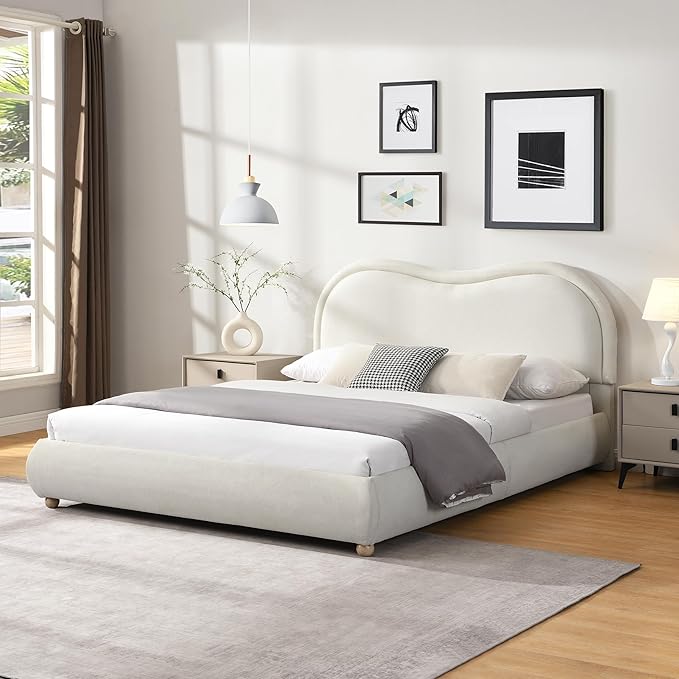 Queen Size Upholstered Platform Bed Frame, Modern Cloud Bedframe with Headboard, Low Profile Bed Floor Bed Frames with Soft Rounded Corners, No Box Spring Required, Easy Assembly, Chenille Cream