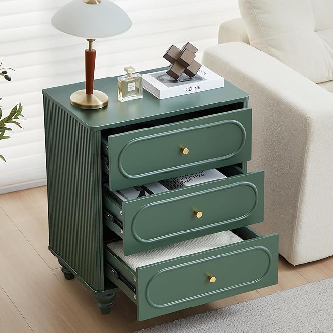 3 Drawer Fluted Dresser for Bedroom, Mid Century Modern Chest of Drawers, Wood Storage Small Dresser Organizer for Bedroom Living Room Hallway Closet, Green