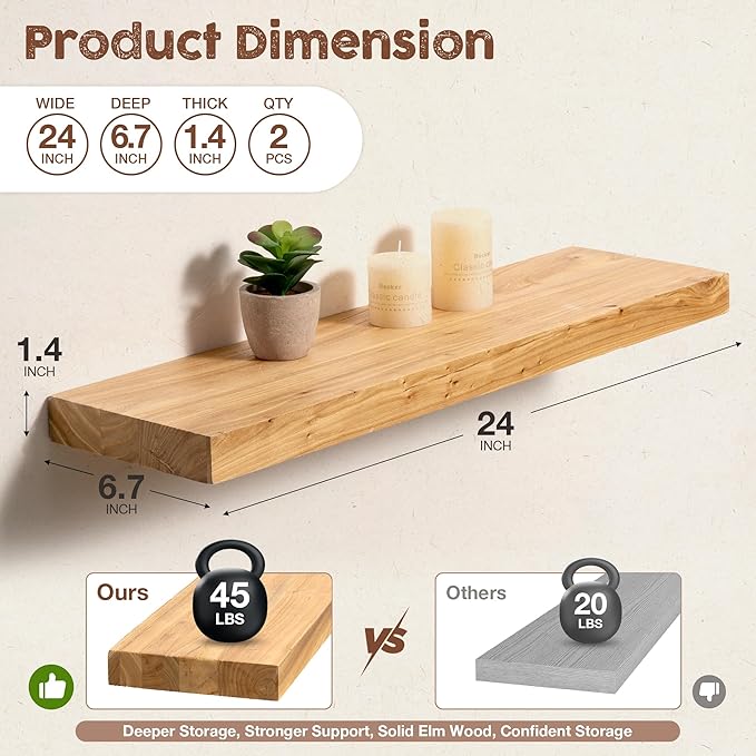 fuqing Floating Shelves for Wall, 24 inch Rustic Solid Elm Wood Floating Shelves, Wooden Wall Shelves with Invisible Heavy Duty Brackets for Living Room, Bedroom, Kitchen, Bathroom, 2 Pack, Natural