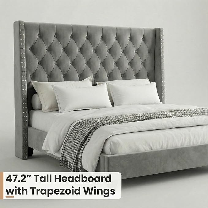 Queen Bed Frame Velvet, 47.2" Tall Wingback Headboard with Tufted Nailhead Trim, Upholstered Platform Bed with Sturdy Wood Slats, Robot Vacuum Friendly, No Box Spring Needed, Grey