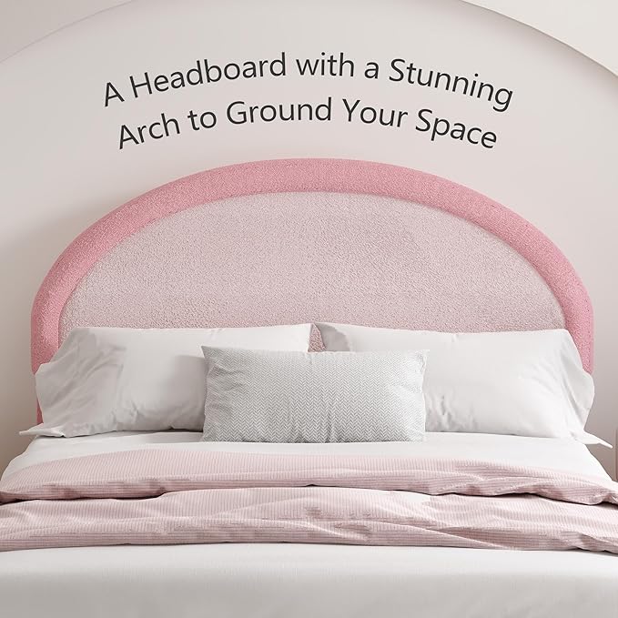 Queen Bed Frame, Boucle Upholstered Platform Bed Frame with Headboard, Pink Bed Frame, Soft Rounded Corners, No Box Spring Required, Easy Assembly