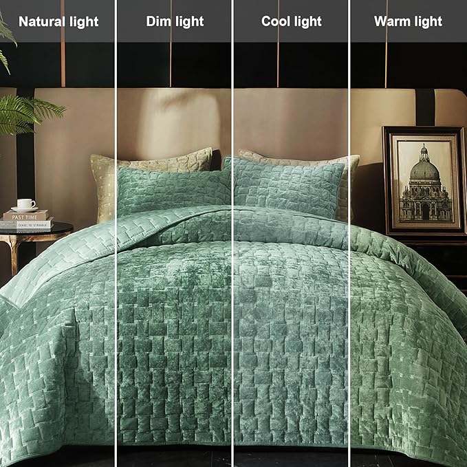 Powdion Velvet Quilt King Size, Oversized Bedspread Coverlet Quilted Bedding Set, Lightweight Velvet Comforter Set Luxury Coverlet Set for All Season with 2 Pillow Shams, 96x106 Aqua Green