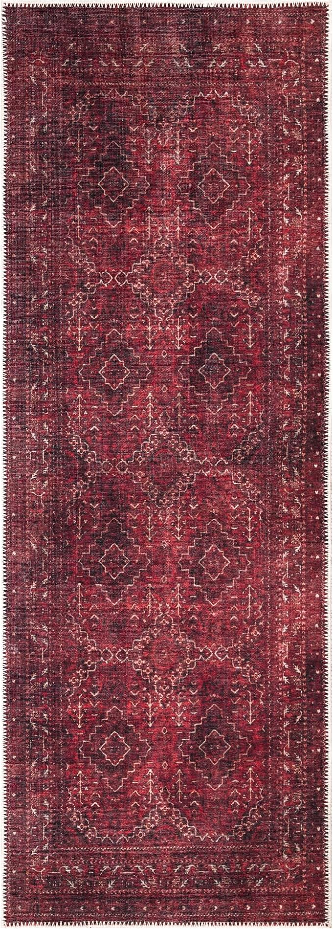 Bloom Rugs Washable Non-Slip 7 ft Runner - Dark Red Traditional Bordered Runner for Entryway, Hallway, Bathroom, and Kitchen - Exact Size: 2.5' x 7'