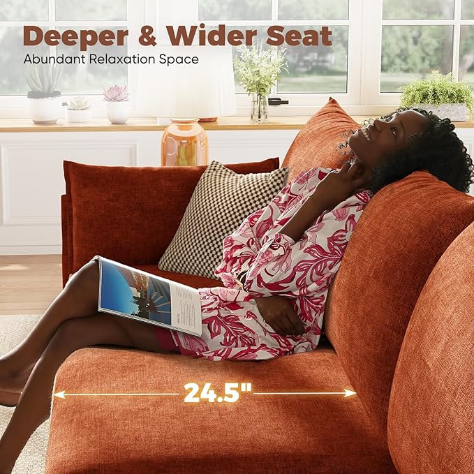 ABCASA Oversized Loveseat Sofa, Modern Modular Sectional Couch Terracotta Orange Fluffy Chenille Mid Century 2-Seat 24.5" Deep Seat for Apartment, Living Room, Bedroom