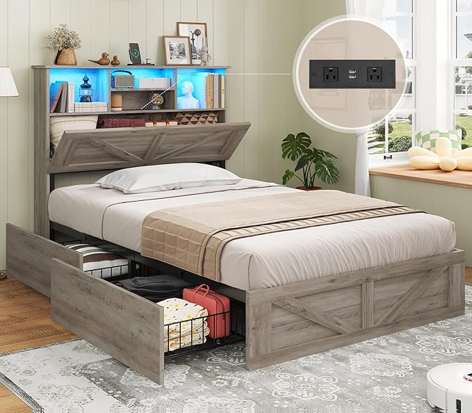 AOGLLATI Twin Bed Frame with 4 Storage Drawers and Charging Station, Farmhouse Wooden Led Twin Bed with Storage Hidden Space Headboard and Metal Slats, Gray
