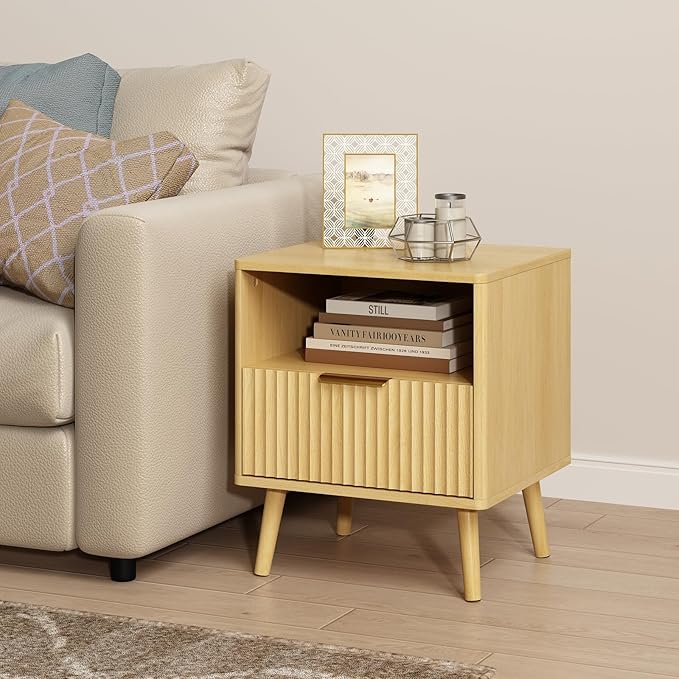 CARPETNAL Fluted Nightstand, Oak Bedside Table with Drawer and Storage Shelf, Wood End Table Mid Century Night Stands for Bedroom Living Room