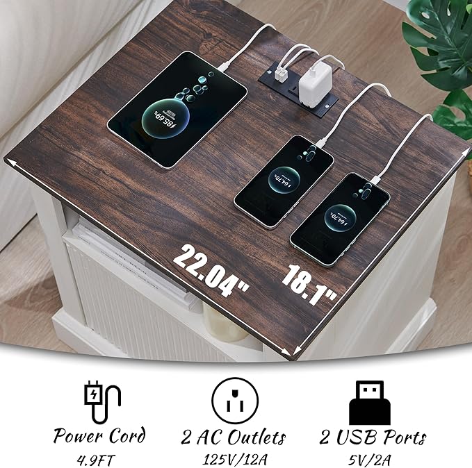 22" Large Fluted Nightstand with Charging Station, Modern End Table, Wood Side Table w/Open Shelf & Spacious Tabletop, Bedside Table with Storage Space for Bedroom, Living Room-White