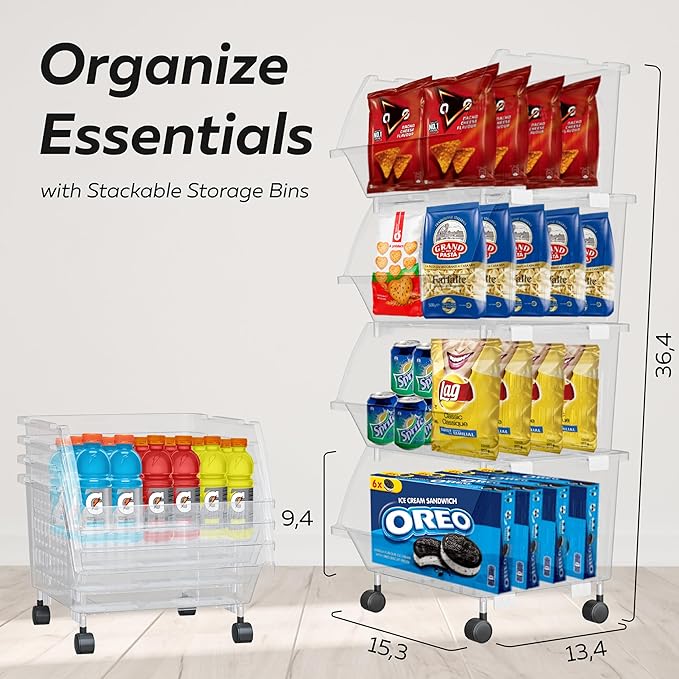 TidyFriend Large Stackable Storage Bins for Closet Organizers and Storage with Wheels 8 Pack, Closet Organization for Kids Room and Home Organization (Clear)