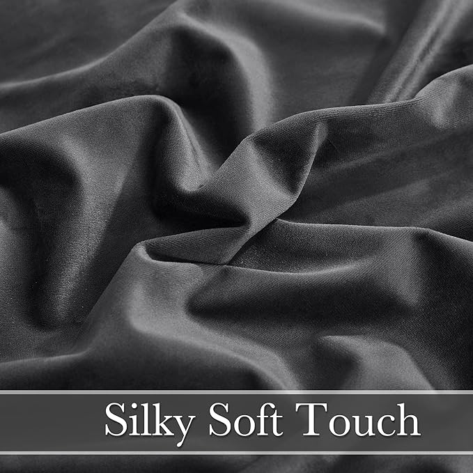 RYB Home Velvet Curtains for Living Room - Super Soft Luxury Back Tap Velvet Textured Window Drapes Room Darkening Thermal Insulated Panels for Bedroom Home Office, Grey, W52 x L96 inches, 2 Pieces