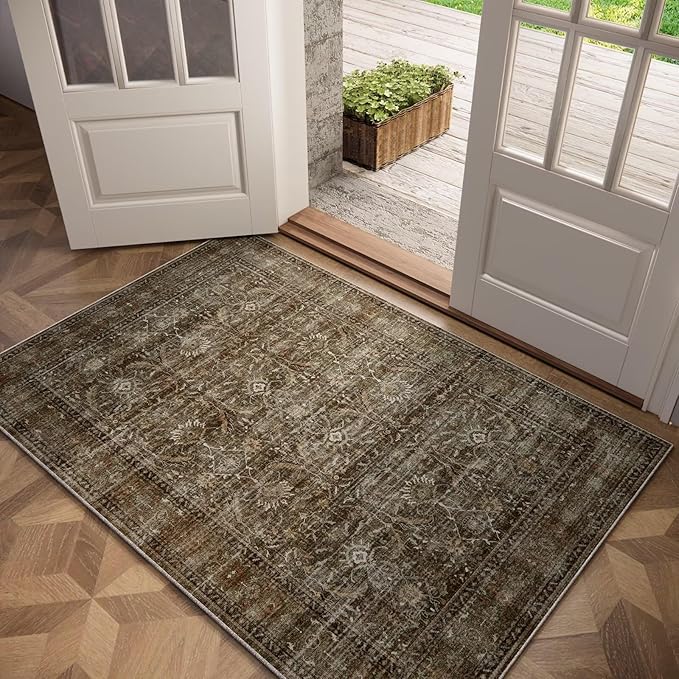 Washable 2x3 Entryway Rug, Boho Non-Slip Door Mat Vintage Distress Small Rugs for Kitchen Nursery Office Bedroom, 0.3" Neutral Oriental Throw Carpet with Cushioning Pad, Rust/Multi