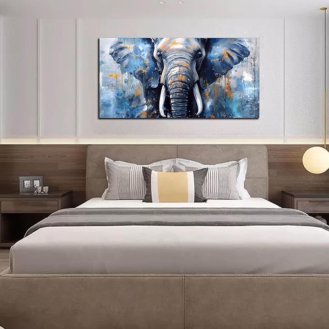 ENTANUB Elephant Wall Art for Bedroom, Animal Canvas Wall Art for Living Room, Blue Picture Print, Size 48x24 Inches